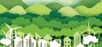 Eco green city.Save the world and environment concept.Urban forest nature landscape for green energy paper art style