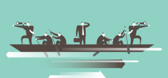 An illustration of business people rowing